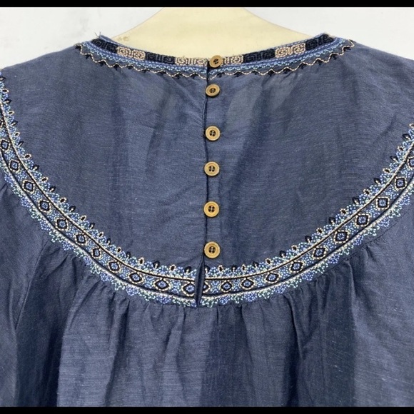 Zara‎ Denim Peasant Embroidered Floral Linen Blend Top Blouse Size Xs - Picture 3 of 14